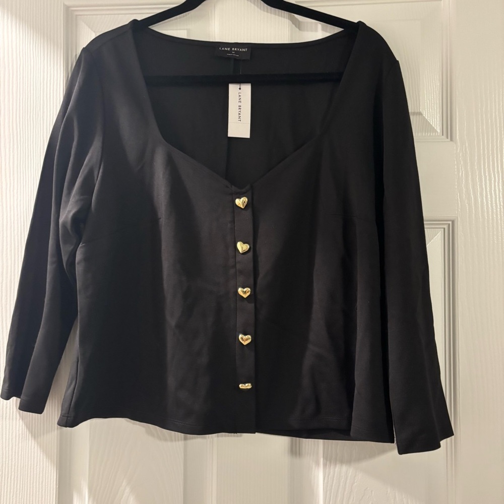 🆕 Lane Bryant Chic Black Top with Heart Buttons, New with Tags